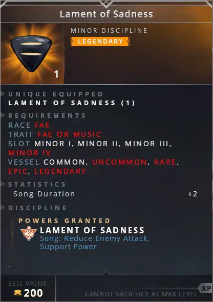 Lament Of Sadness	• lament of sadness (song: reduce enemy attack, support power)
