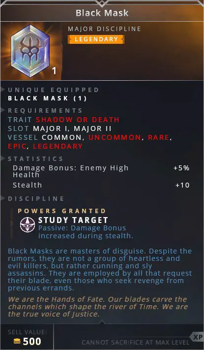 Black Mask • study target (passive: damage bonus increased during stealth)