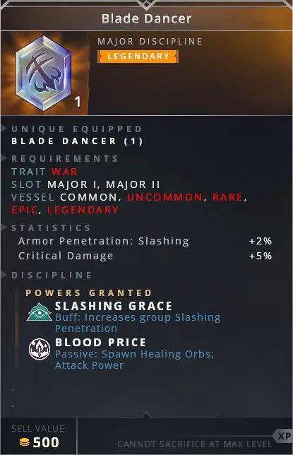 Blade Dancer • slashing grace (buff: increase group slashing penetration)• blood price (passive: spawn healing orbs; attack power)