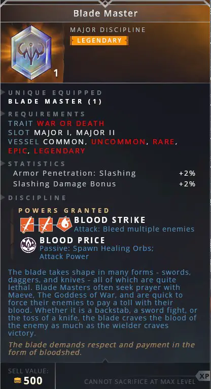 Blade Master • blood strike (attack: bleed multiple enemies)• blood price (passive: spawn healing orbs; attack power)