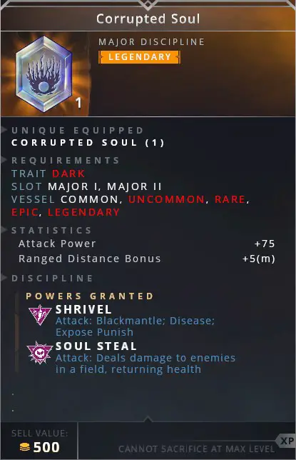 Corrupted Soul • shrivel (attack: blackmantle; disease; expose punish)• soul steal (attack: deals damage to enemies in a field, returning health)
