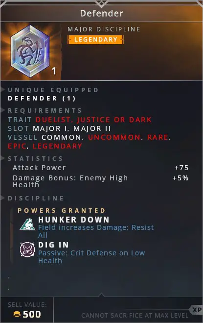 Defender • hunker down (field increase damage; resist all)• dig in (passive: crit defense on low health)