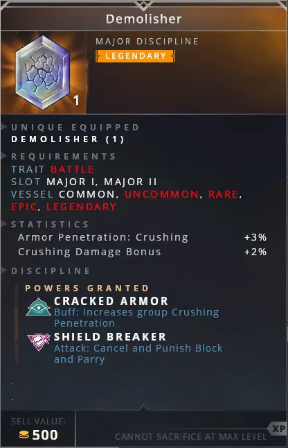 Demolisher • cracked armor (buff: increases group crushing penetration)• shield breaker (attack: cancel and punish block and parry)