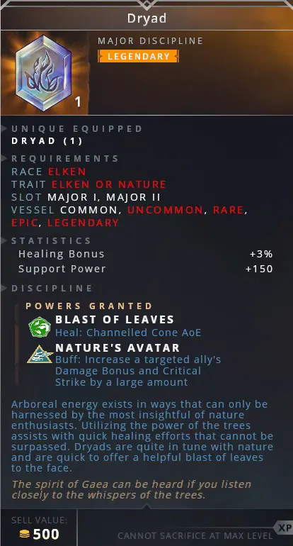 Dryad • blast of leaves (heal: channeled cone aoe)• nature's avatar (buff: increase a target ally's damage bonus and critical strike by a large amount)