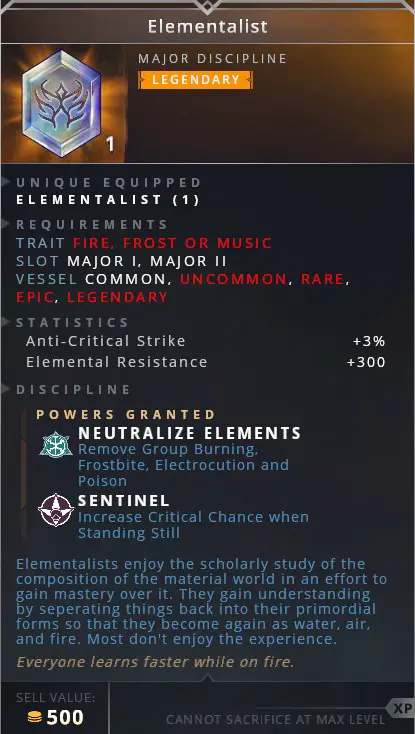Elementalist • neutralize elements (remove group burning, frostbite, electrocution and poison)• sentinel (increase critical chance when standing still)