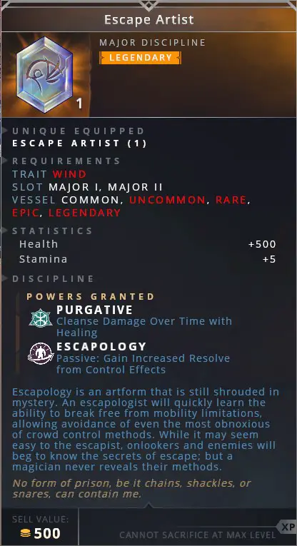 Escape Artist • purgative (cleanse damage over time with healing)• escapology (passive: gain increased resolve from control effects)