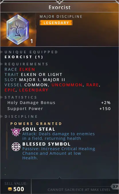 Exorcist • soul steal (attack: deals damage to enemies in a field, returning health)• blessed symbol (passive: increase critical healing chance and amount at low health)