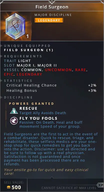 Field Surgeon • rescue (target ally avoids death)• fly you fools (passive: on death, heal and buff movement speed of your group)