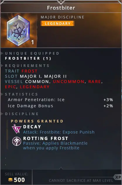 Frostbiter • decay (attack:frostbite; expose punish)• rotting frost (passive: applies blackmantle when you apply frostbite)