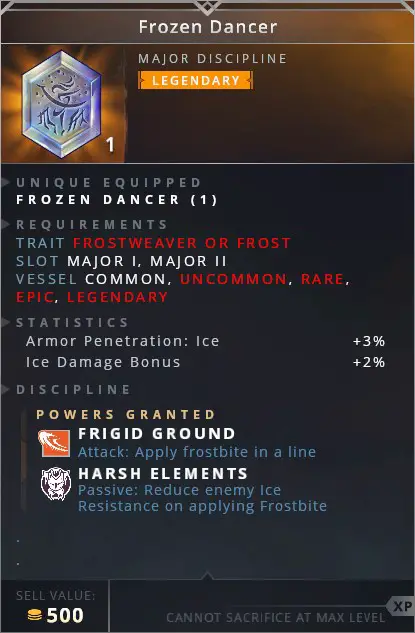 Frozen Dancer • frigid ground (attack: apply frostbite in a line)• harsh elements (passive: reduce enemy ice resistance on applying frostbite)