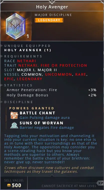 Holy Avenger • battle chant (gain pulsing damage aura)• suns of worvan (barrier negates fire damage)