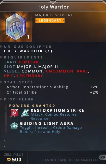 Holy Warrior • restoration strike (attack: combo restores resouce)• guiding light aura (toggle: increase group damage bonus fire and holy)