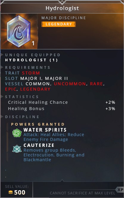 Hydrologist • water spirits (attack: heals allies; reduce enemy fire damge)• cauterize (removes group bleeds, electrocution, burning and blackmantle)