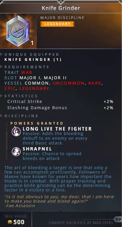 Knife Grinder • long live the fighter (passive: adds the bleeding debuff to an enemy on every third basic attack)• shrapnel (passive: chance to spread bleeds on attack)
