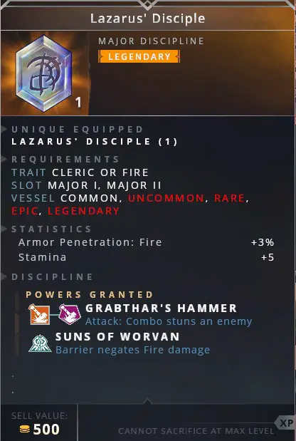 Lazarus Disciple • grabthar's hammer (attack: combo stuns an enemy)• suns of worvan (barrier negates fire damage)