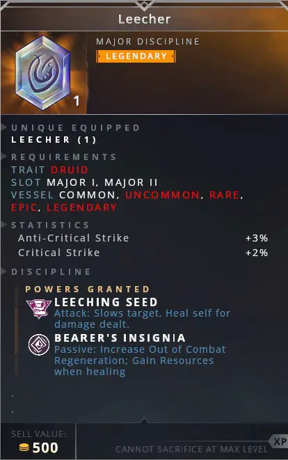 Leecher • leeching seed (attack: slows target. heal self for damage dealt)• bearer's insignia (passive increase out of combat regeneration; gain resources when healing)