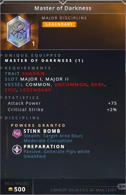 Master Of Darkness • stink bomb (stealth: target area stun; moderate corruption)• preparation (passive: generate pips while stealthed)