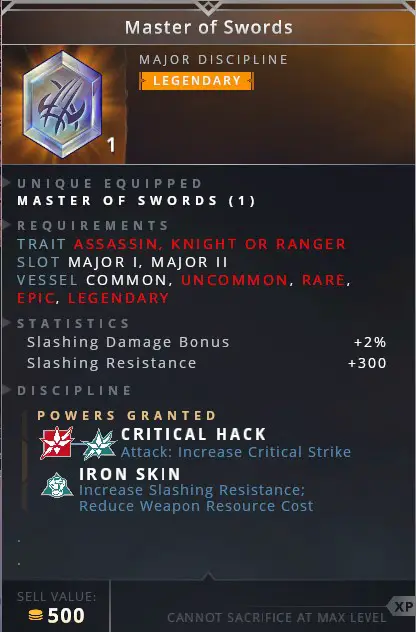 Master Of Swords • critical hack (attack: increase critical strike)• iron skin (increase slashing resistance; reduce weapon resource cost)