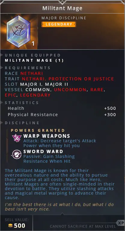 Militant Mage • warp weapons (attack: decrease target's attack power when they hit you)• sword ward (passive: gain slashing resistance when hit)
