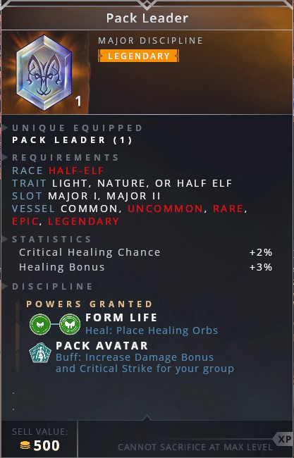 Pack Leader • form life (heal: place healing orbs)• pack avatar (increase damage bonus and critical strike for your group)
