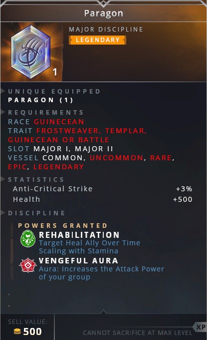 Paragon • rehabilitation (target ally heal over time scaling with stamina)• vengeful aura (aura: increase the attack power of your group)