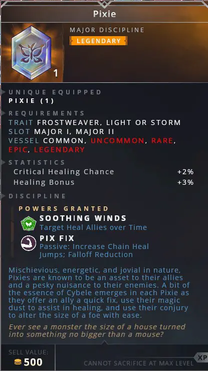 Pixie • soothing winds (target heal allies over time)• pix fix (passive: increase chain heal jumps; falloff reduction)