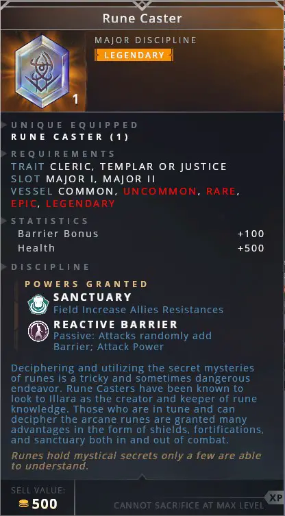 Rune Caster • sanctuary (field increase allies resistances)• reactive barrier (passive: attacks randomly add barrier; attack power)