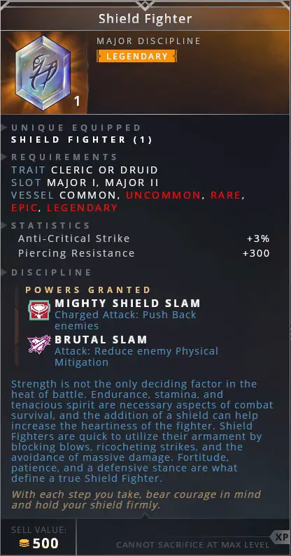 Shield Fighter • mighty shield slam (charged attack: push back enemies)• brutal slam (attack: reduce enemy physical mitigation)