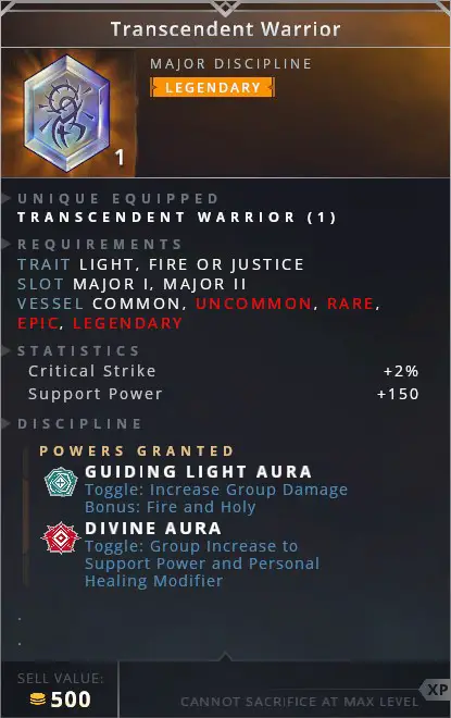 Transcendent Warrior • guiding light aura (toggle: increase group damage bonus: fire and holy)• divine aura (toggle: group increase to support power and personal healing modifier)