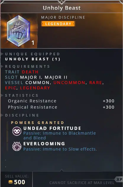 Unholy Beast • undead fortitude (passive: immune to blackmantle and bleed)• everblooming (passive: immune to slow effects)